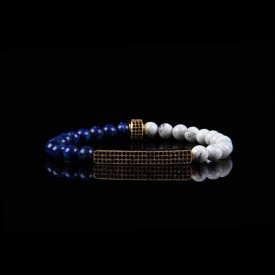 Altın Renk Aparatlı Lapis Lazuli ve Havlit Doğal Taş Bileklik 8 mm Küre Kesim