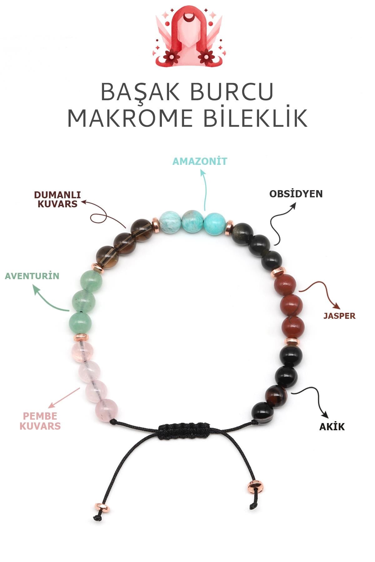 Başak Burcu Taşlarından Oluşan Doğal Taş Makrome Bileklik 6 mm Küre Kesim - Burç Bilekliği