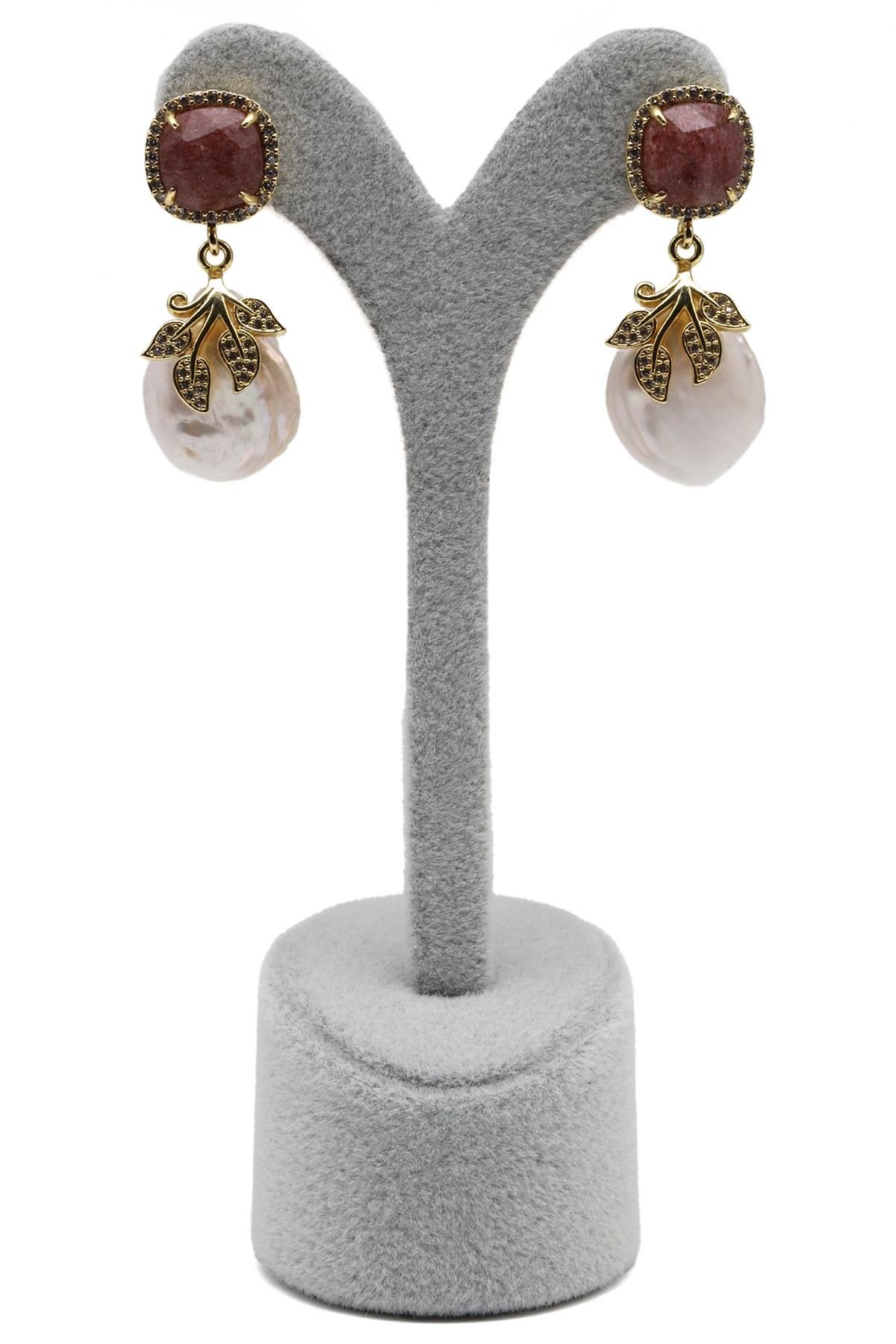 Çilek Kuvars-İnci Doğal Taş Sallantılı Küpe - KP-0275