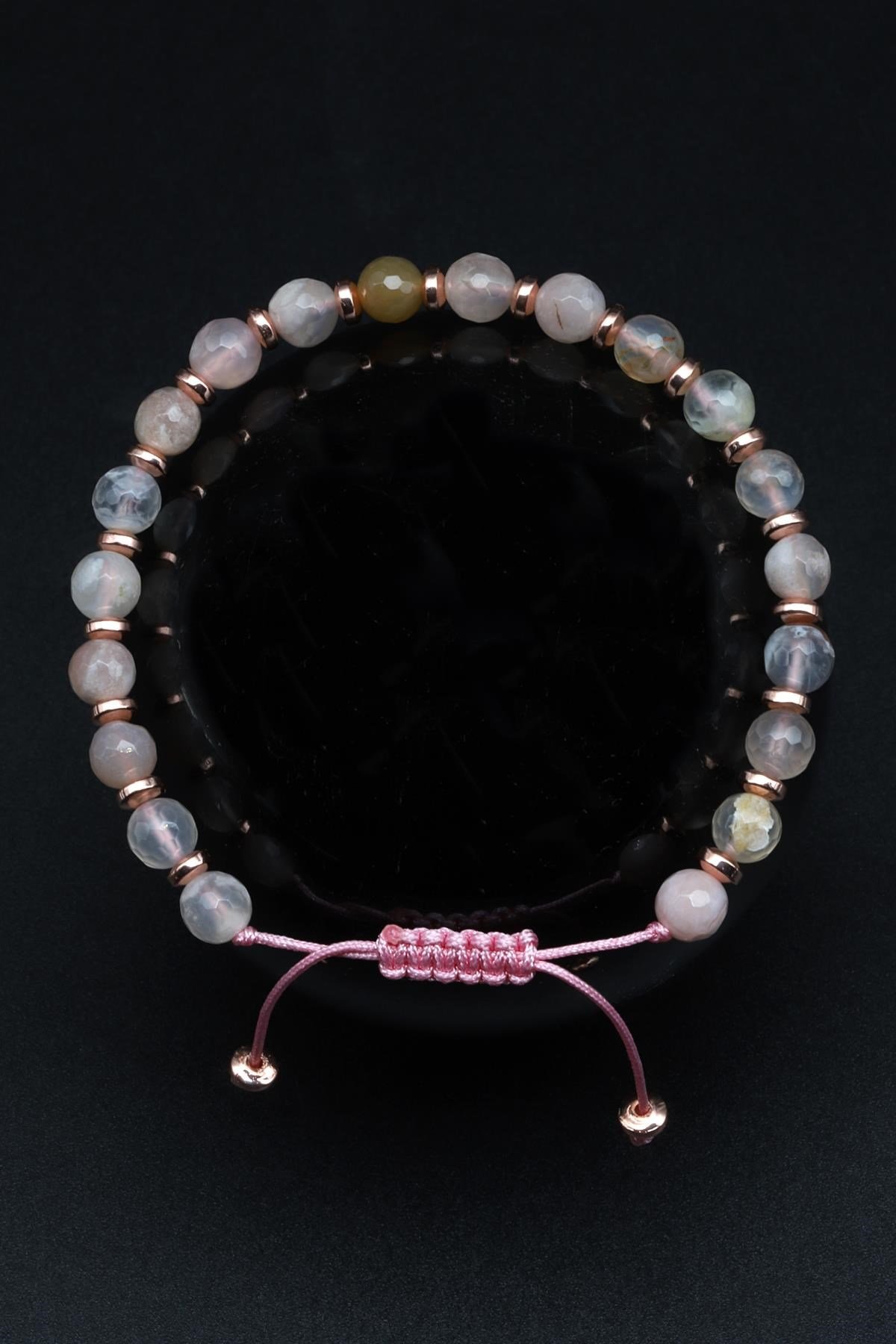 Flower Agate Doğal Taş Makrome Örme Bileklik Fastli Küre Kesim
