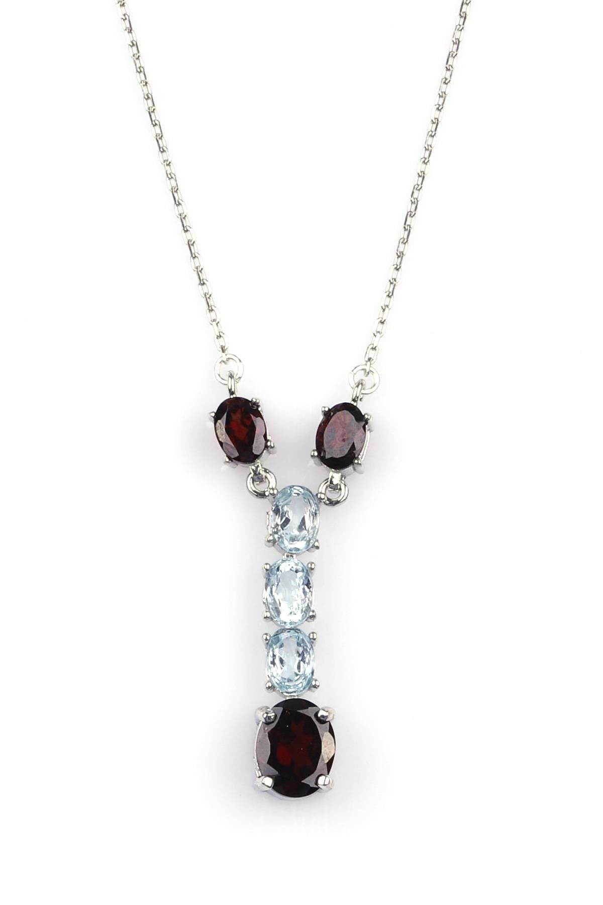 Garnet-Lal - Akuamarin Doğal Taş 925 Ayar Gümüş Kolye