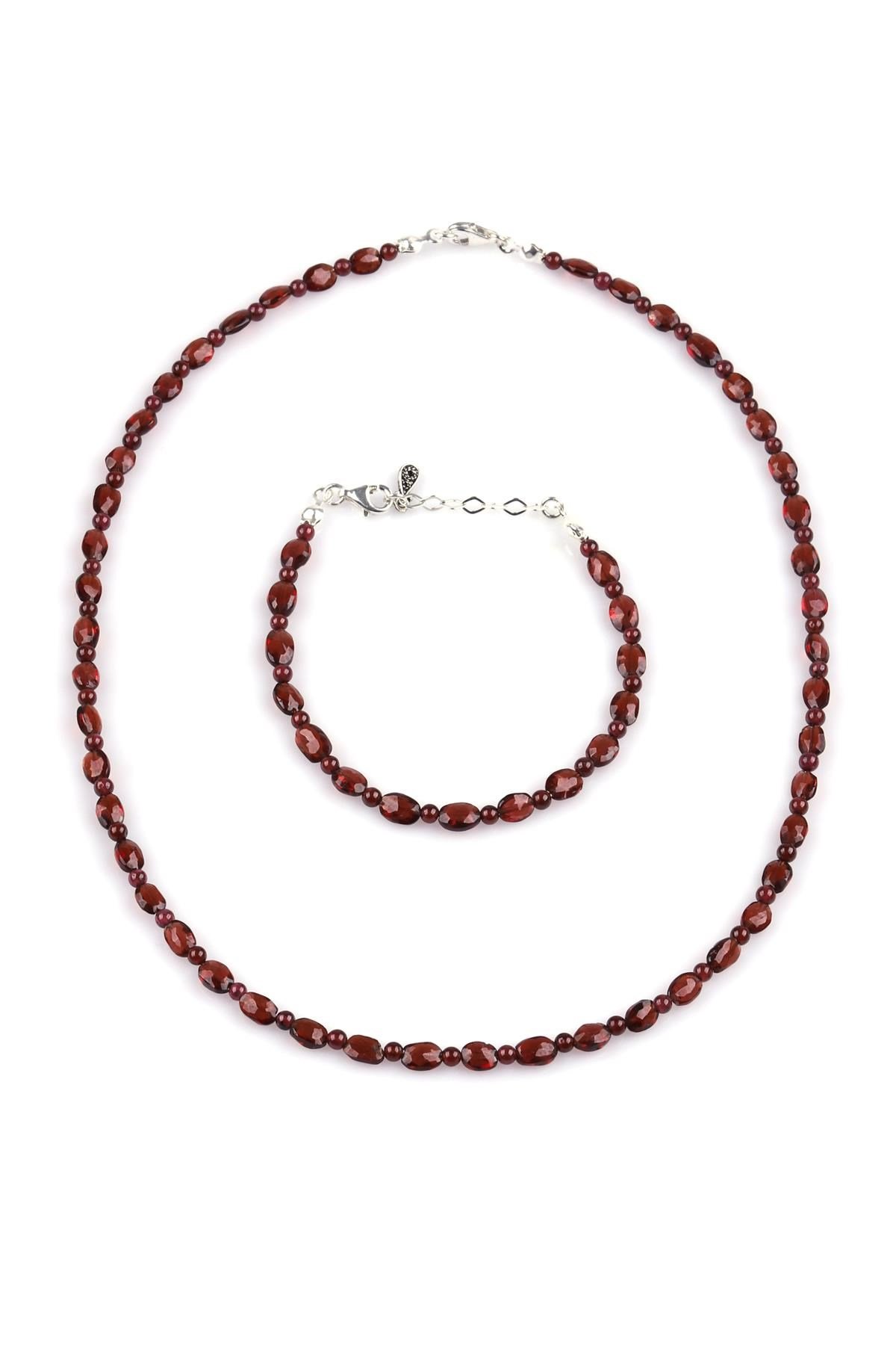 Garnet-Lal Doğal Taş Kolye - Bileklik 2'li Set