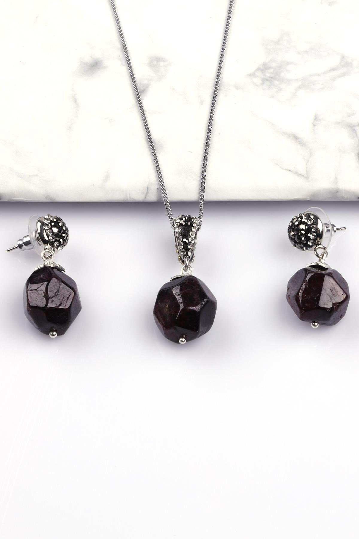 Garnet - Lal Doğal Taş Kolye - Küpe 2'li Set