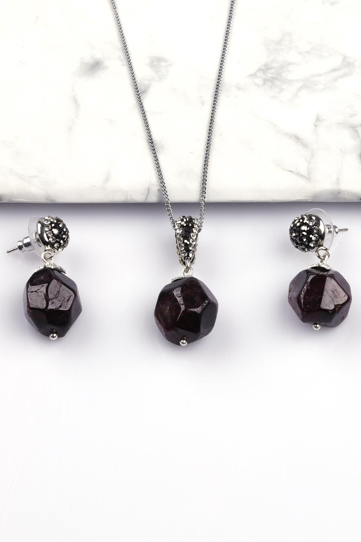 Garnet - Lal Doğal Taş Kolye - Küpe 2'li Set