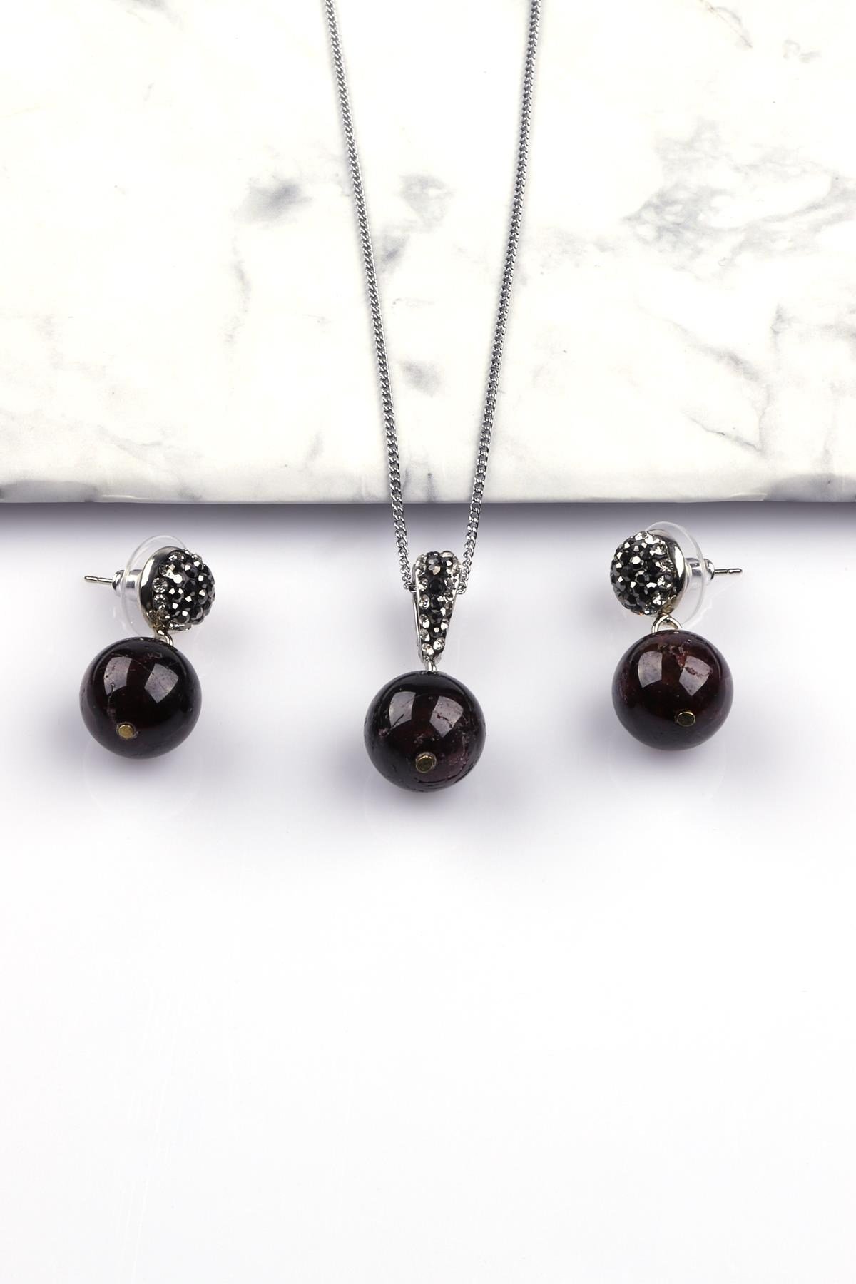 Garnet - Lal Doğal Taş Kolye - Küpe 2'li Set