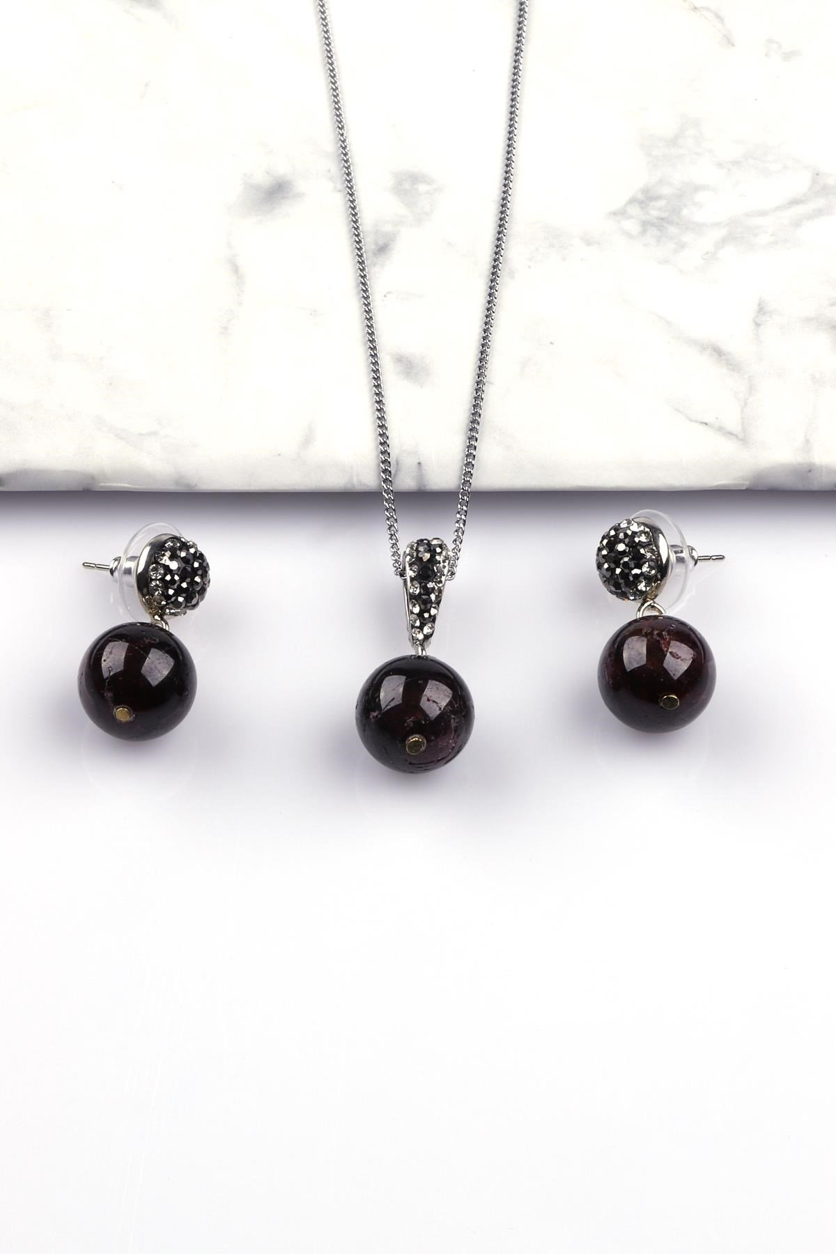 Garnet - Lal Doğal Taş Kolye - Küpe 2'li Set