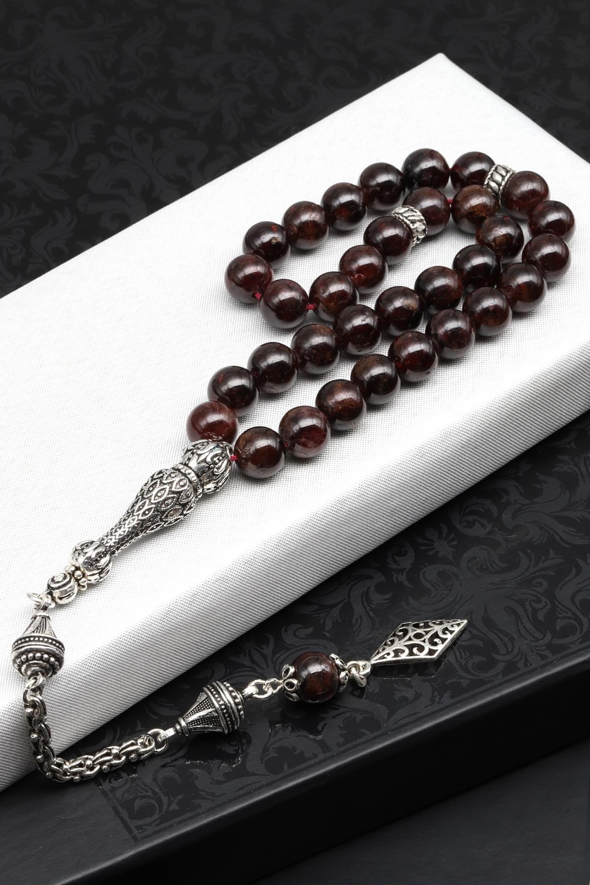 Garnet - Lal Doğal Taş Tesbih 925 Ayar Gümüş 8 mm Küre Kesim