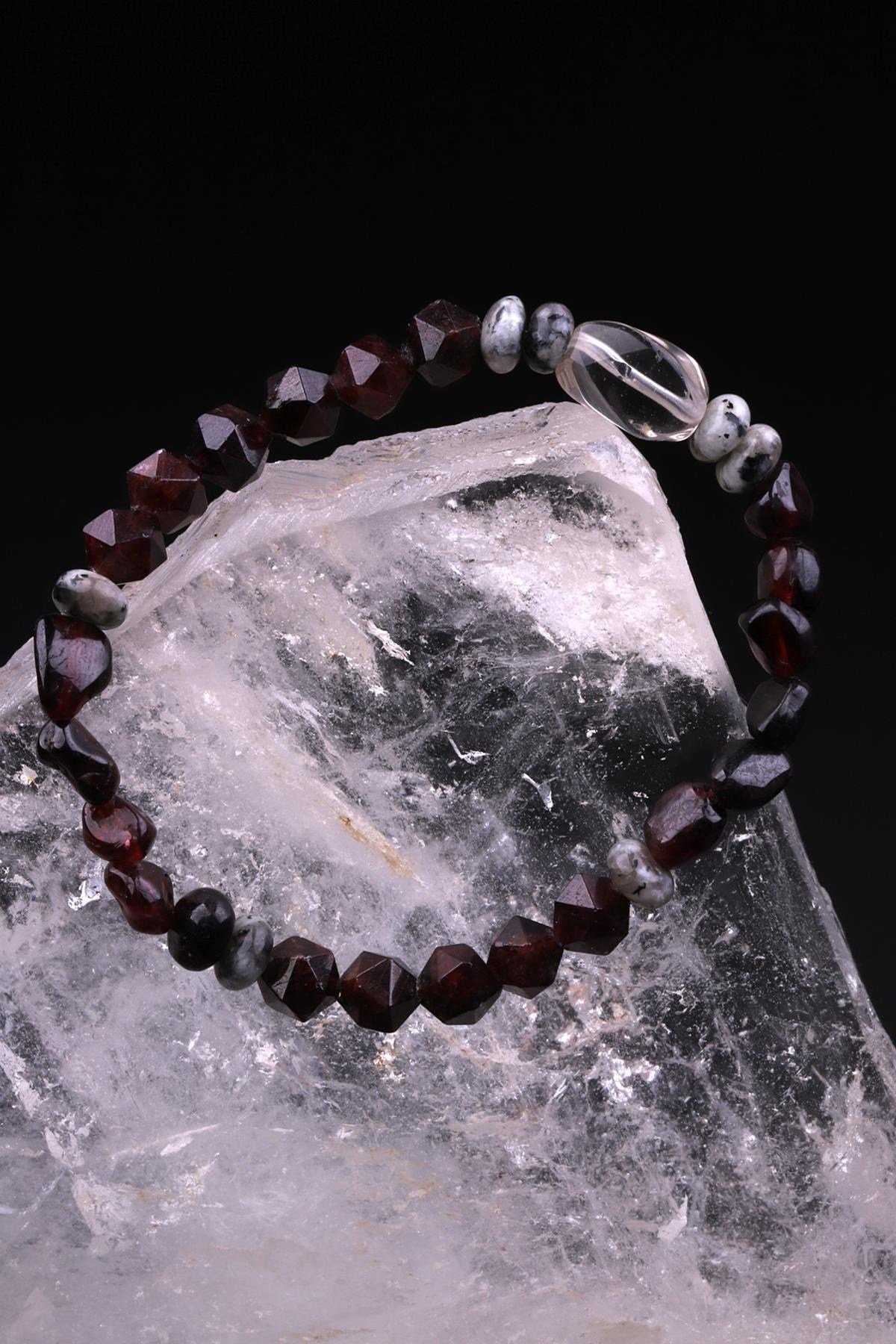 Garnet Lal - Jasper - Kristal Kuvars Doğal Taş Tasarım Bileklik