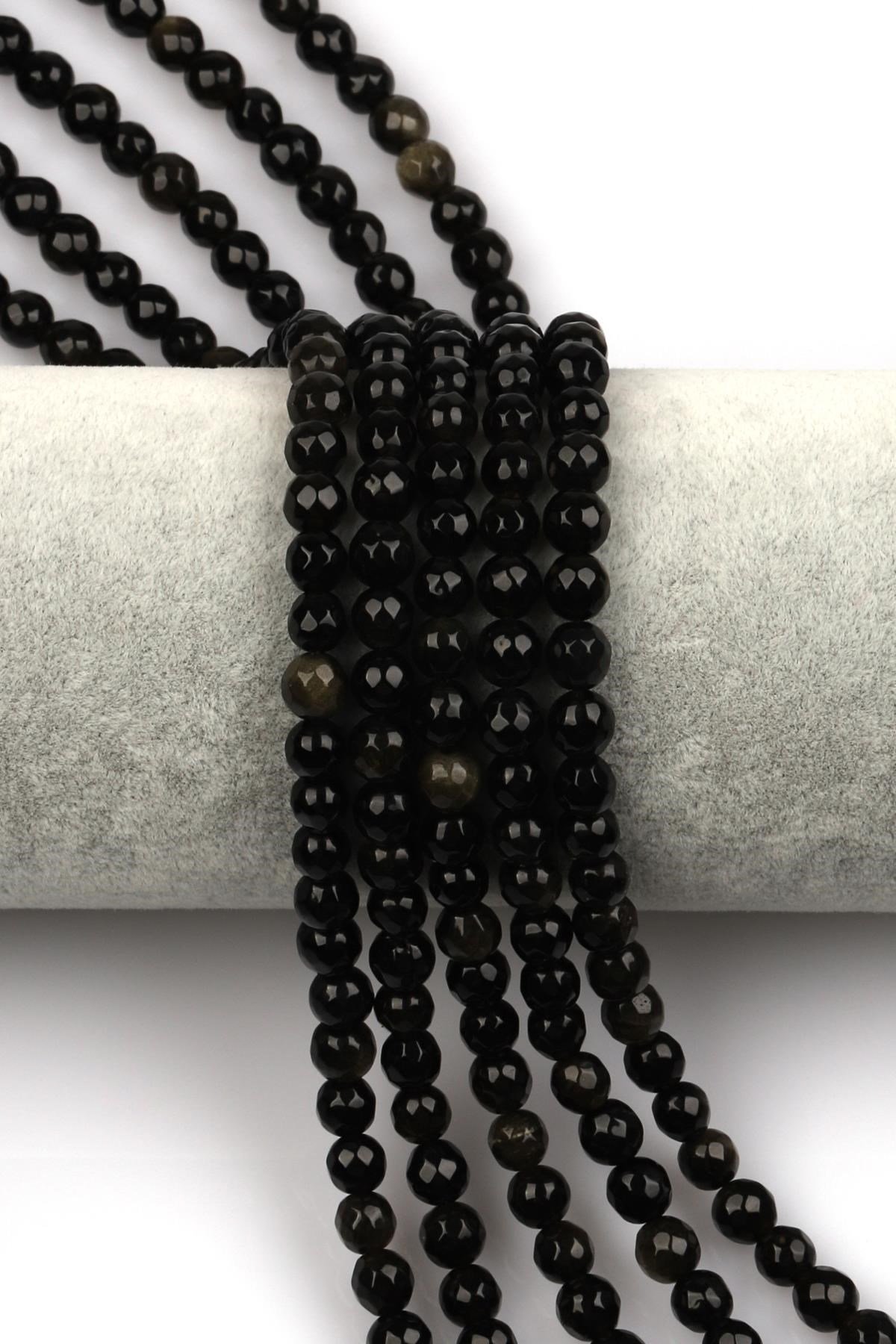Gold Obsidyen Doğal Taş Dizi 6 mm Fasetli Küre Kesim