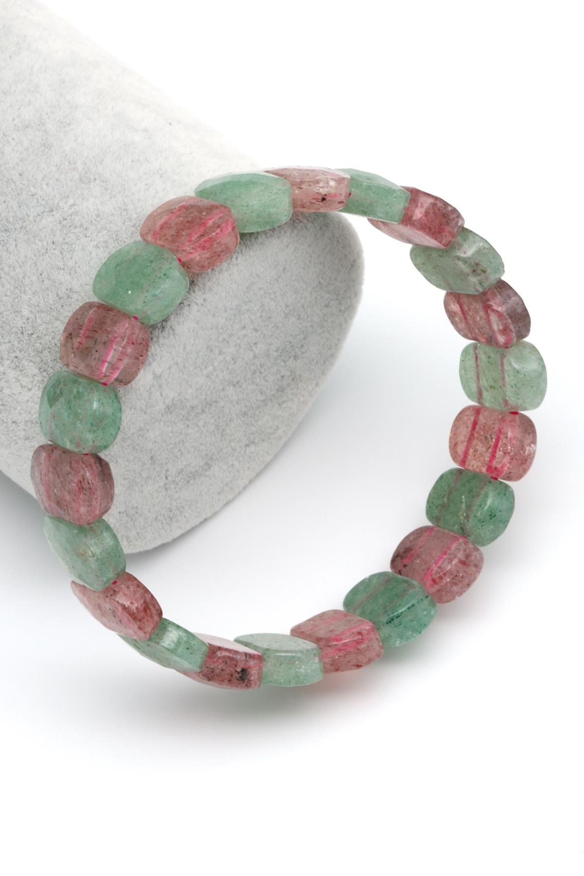 Green Kuvars - Çilek Kuvars Doğal Taş Bileklik 9 x 13 mm Özel Kesim
