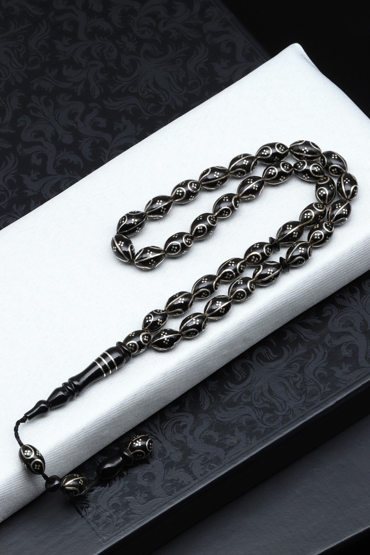 Gümüş İşlemeli Erzurum Oltu Tesbih 6 x 10 mm. Arpa Kesim - T-1916
