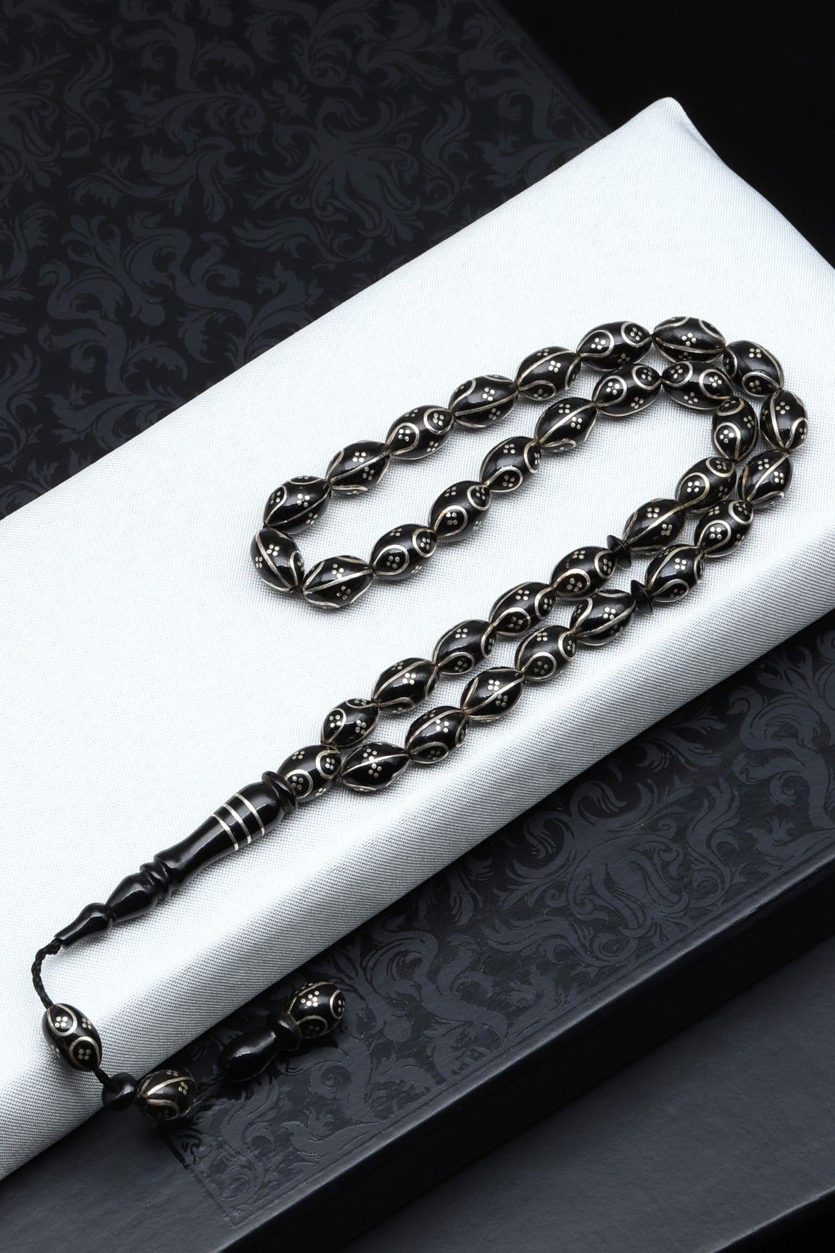 Gümüş İşlemeli Erzurum Oltu Tesbih 6 x 10 mm. Arpa Kesim - T-1916