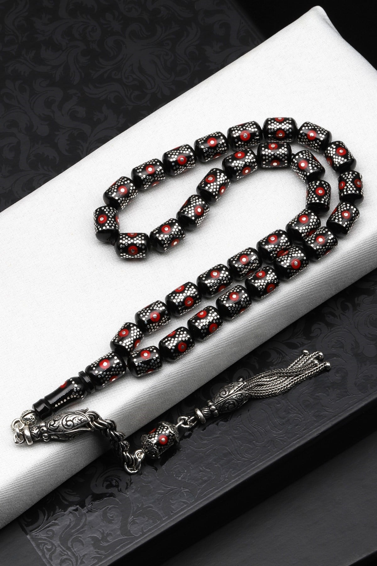 Gümüş İşlemeli Erzurum Oltu Tesbih 7 x 10 mm. Kapsül Kesim - T-1621