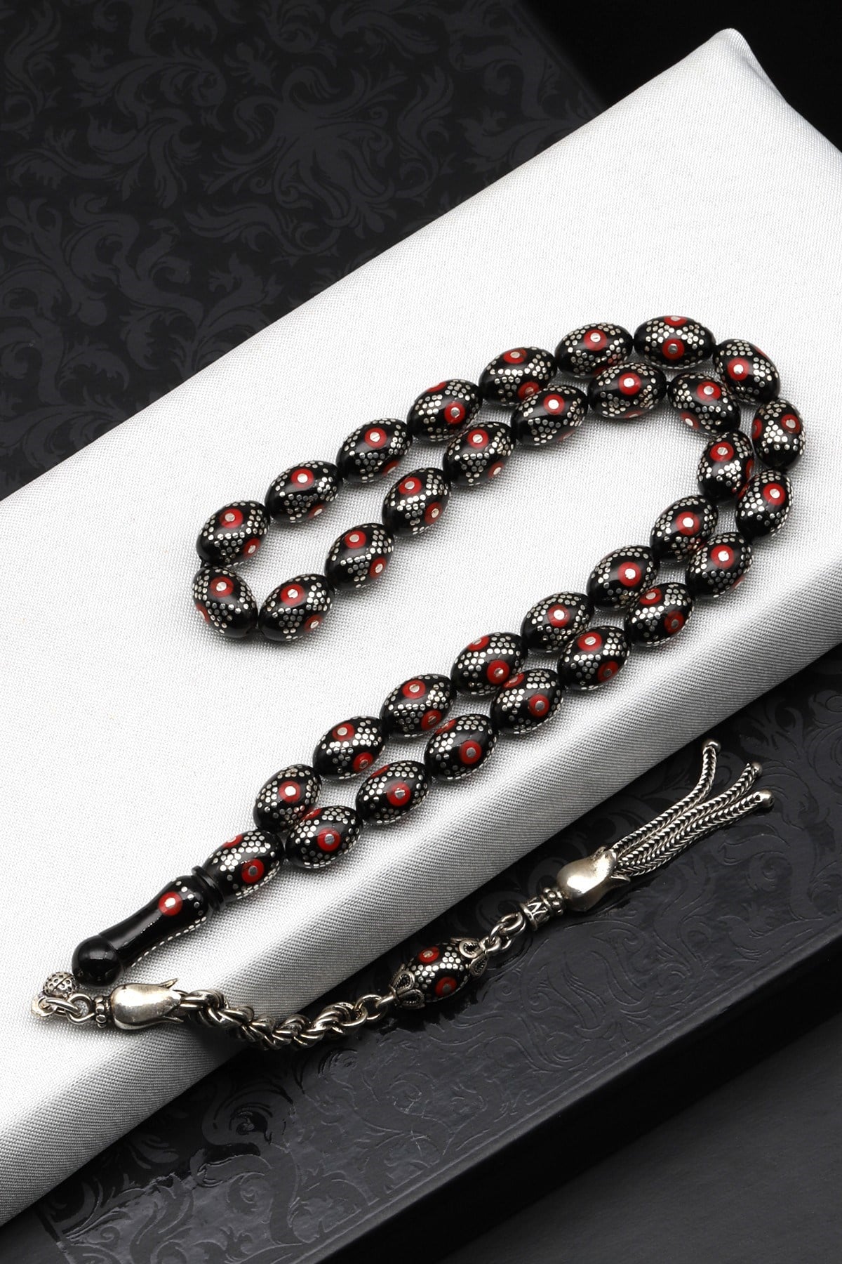 Gümüş İşlemeli Erzurum Oltu Tesbih 7 x 10 mm. Beyzi Kesim - T-1625