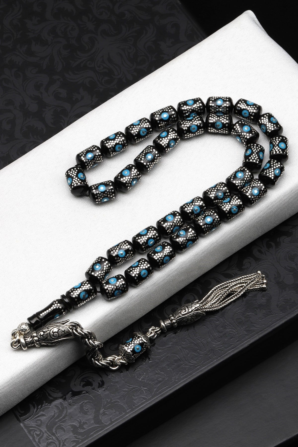 Gümüş İşlemeli Erzurum Oltu Tesbih 7 x 10 mm. Kapsül Kesim - T-1622