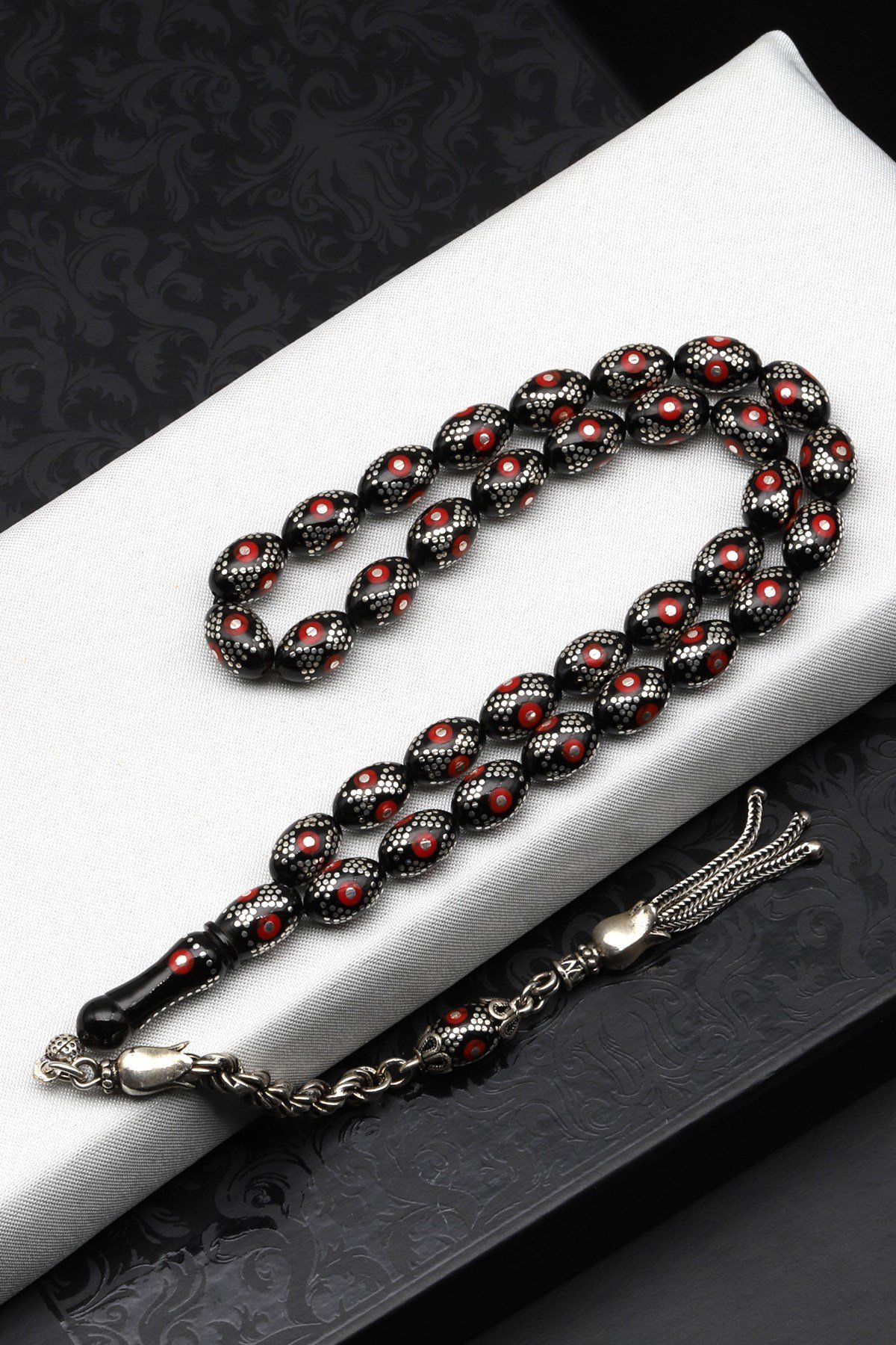 Gümüş İşlemeli Erzurum Oltu Tesbih 7 x 10 mm. Beyzi Kesim - T-1625