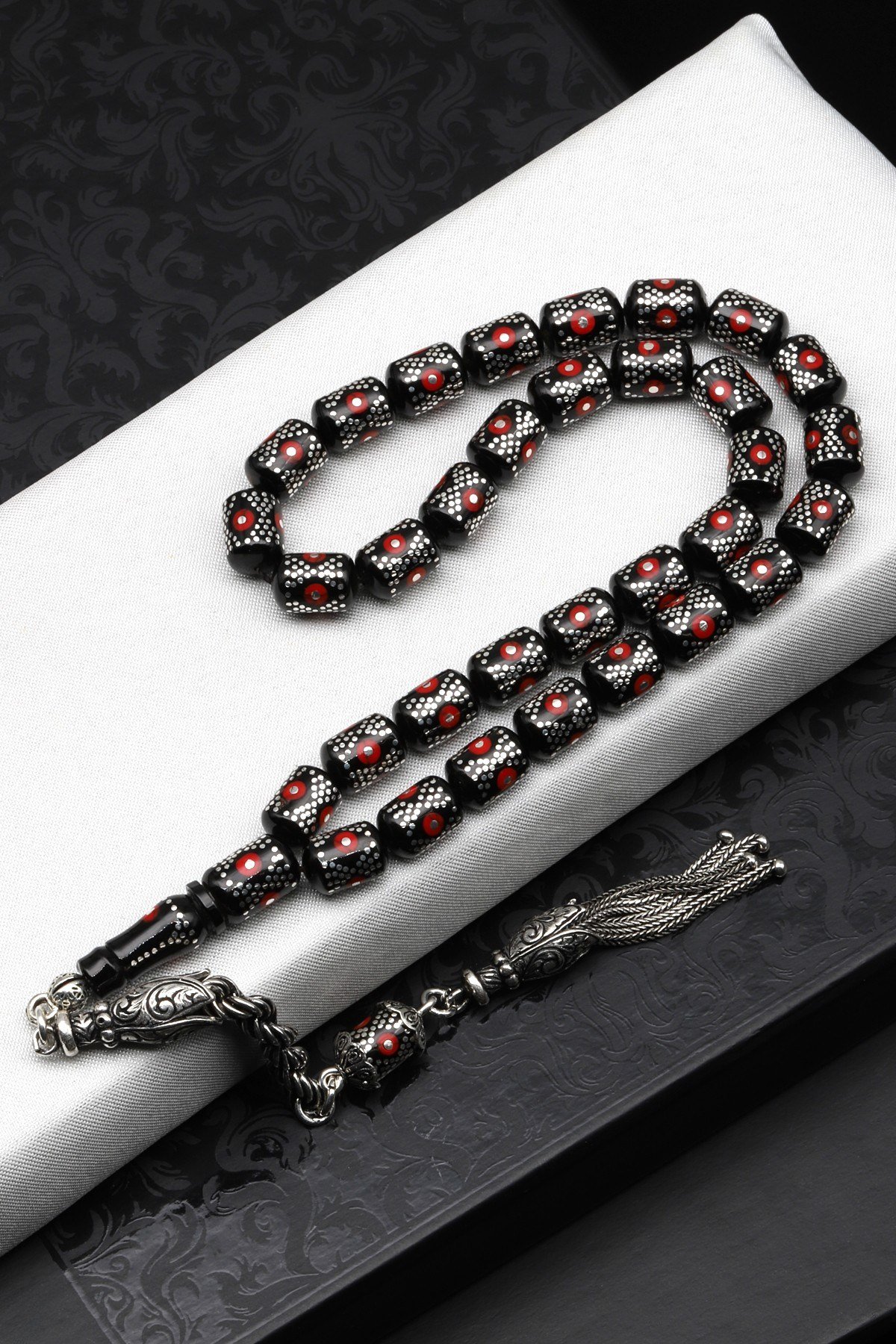Gümüş İşlemeli Erzurum Oltu Tesbih 7 x 10 mm. Kapsül Kesim - T-1621
