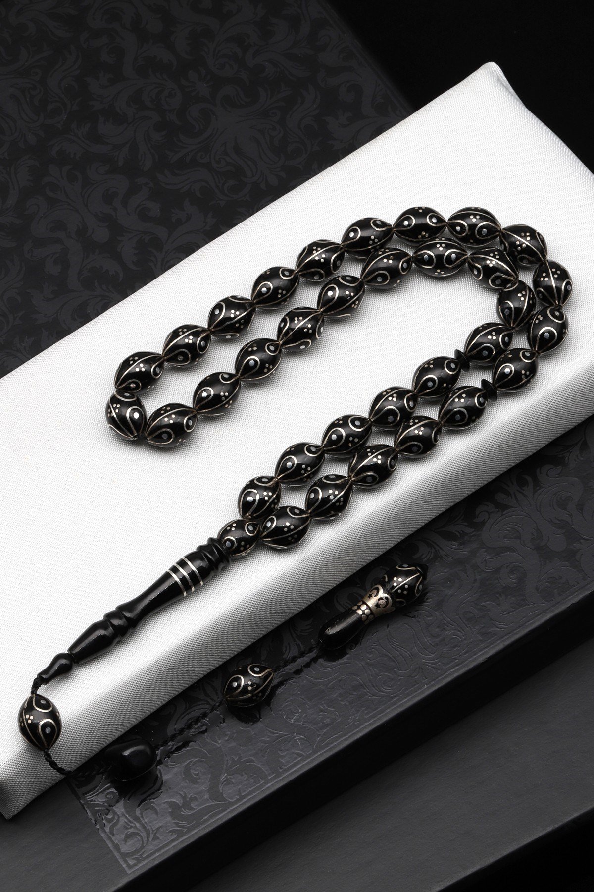 Gümüş İşlemeli Erzurum Oltu Tesbih 8 x 11 mm. Beyzi Kesim - T-1644