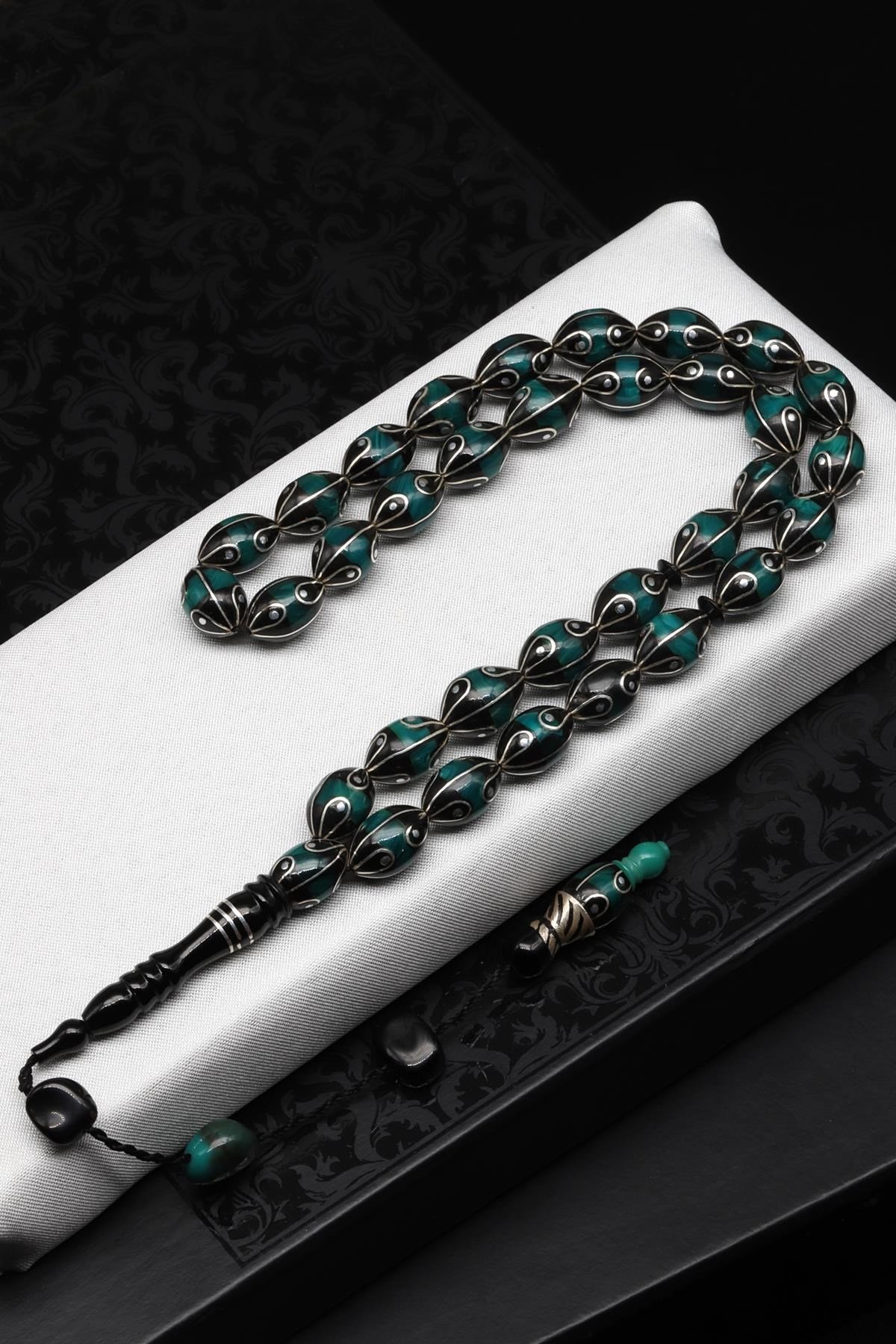 Gümüş İşlemeli Erzurum Oltu Tesbih 8 x 12 mm. Arpa Kesim