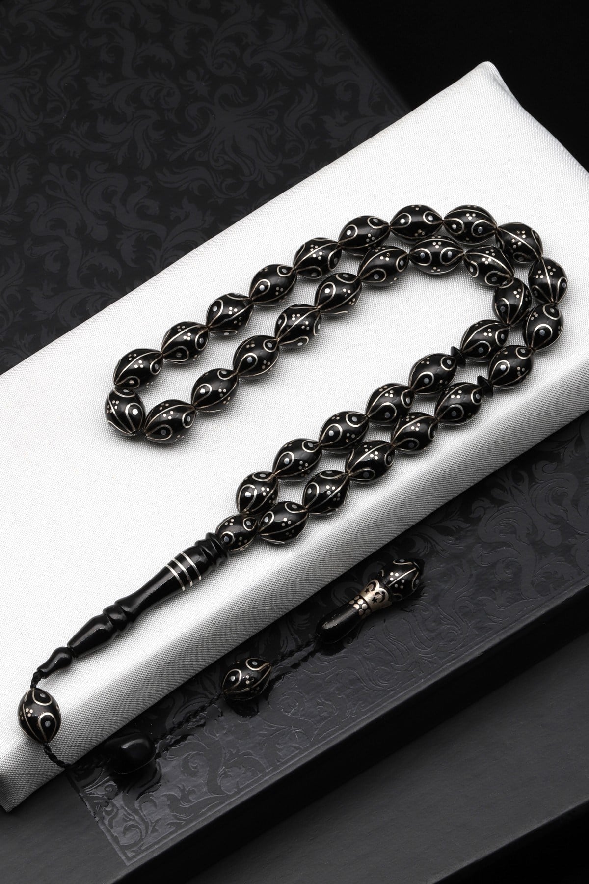 Gümüş İşlemeli Erzurum Oltu Tesbih 8 x 11 mm. Beyzi Kesim - T-1644