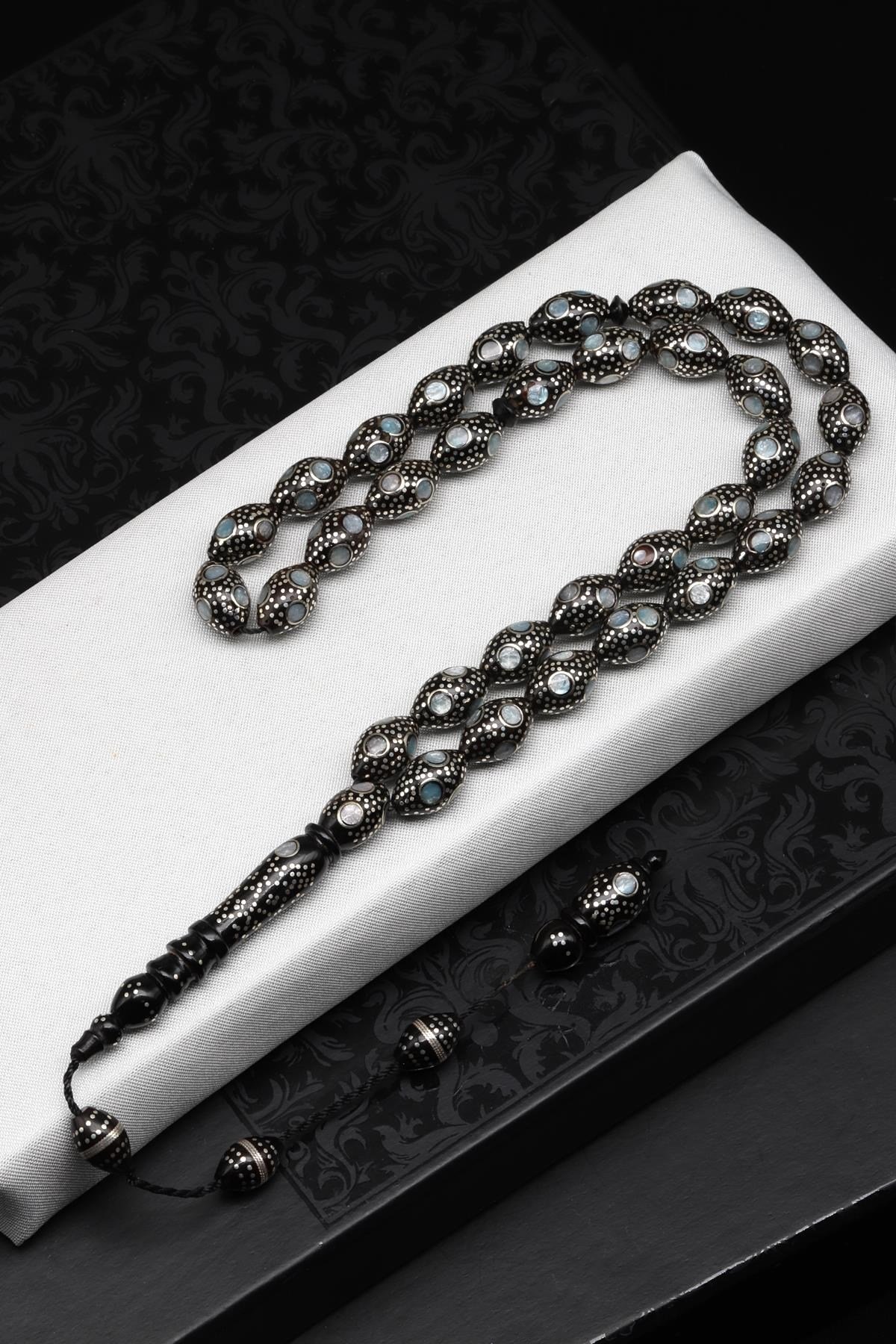 Gümüş İşlemeli Kuka Tesbih 8 x 12 mm Arpa Kesim