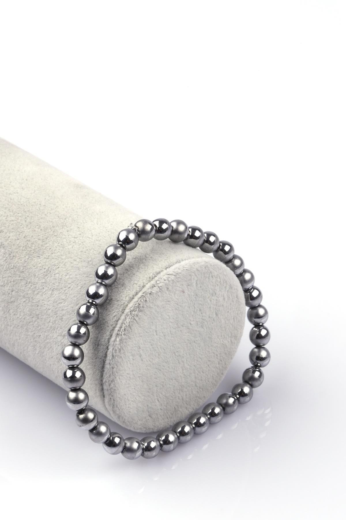 Gümüş Renkli Hematit Doğal Taş Bileklik 6mm Küre Kesim
