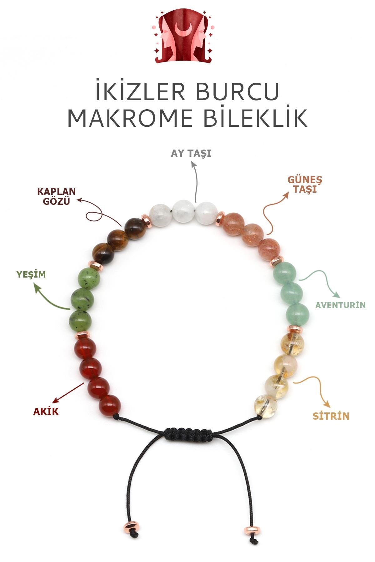 İkizler Burcu Taşlarından Oluşan Doğal Taş Makrome Bileklik 6 mm Küre Kesim - Burç Bilekliği