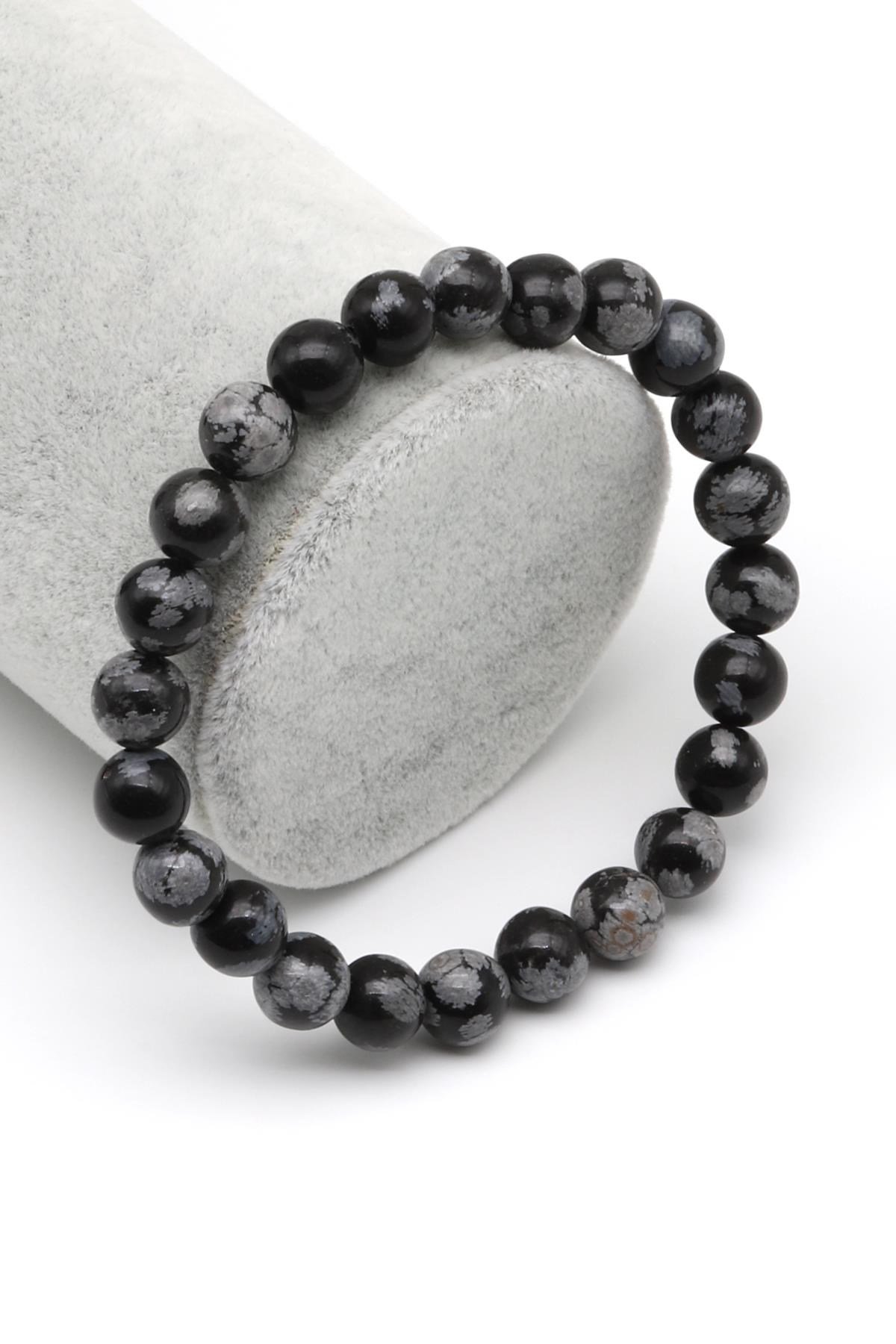 Karlı Obsidyen Doğal Taş Bileklik 8 mm Küre Kesim