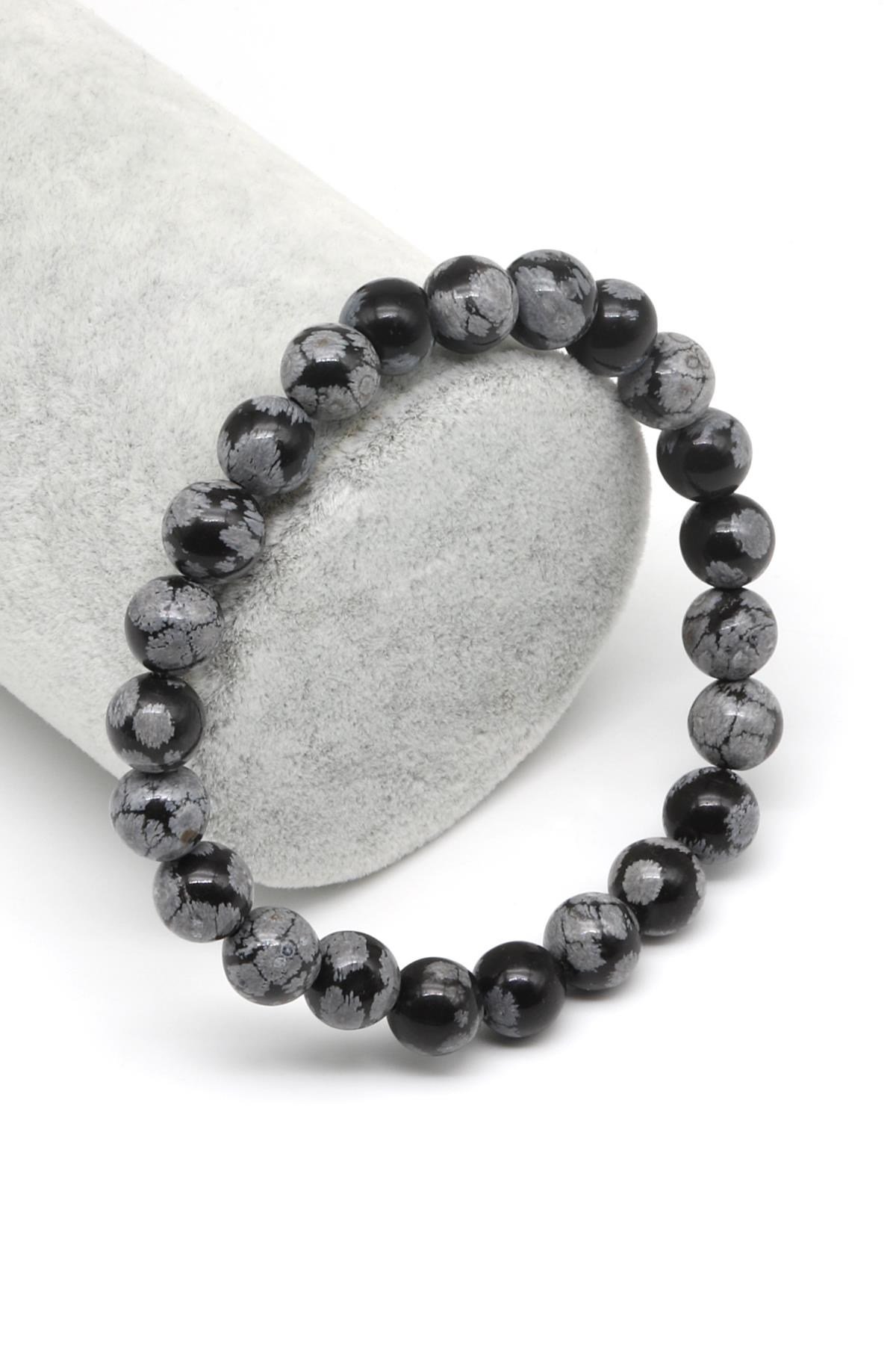 Karlı Obsidyen Doğal Taş Bileklik 8 mm Küre Kesim