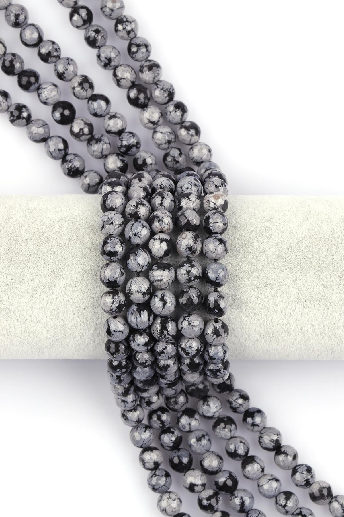 Karlı Obsidyen Doğal Taş Dizi 8 mm Fasetli Küre Kesim 
