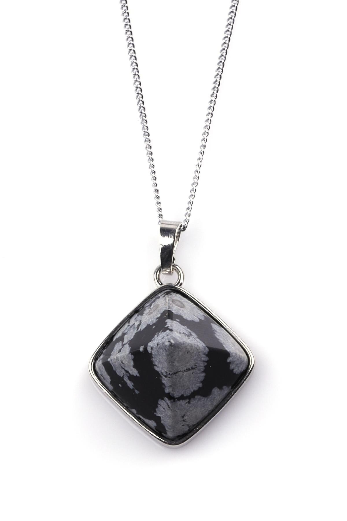 Karlı Obsidyen Doğal Taş Piramit Model Kolye