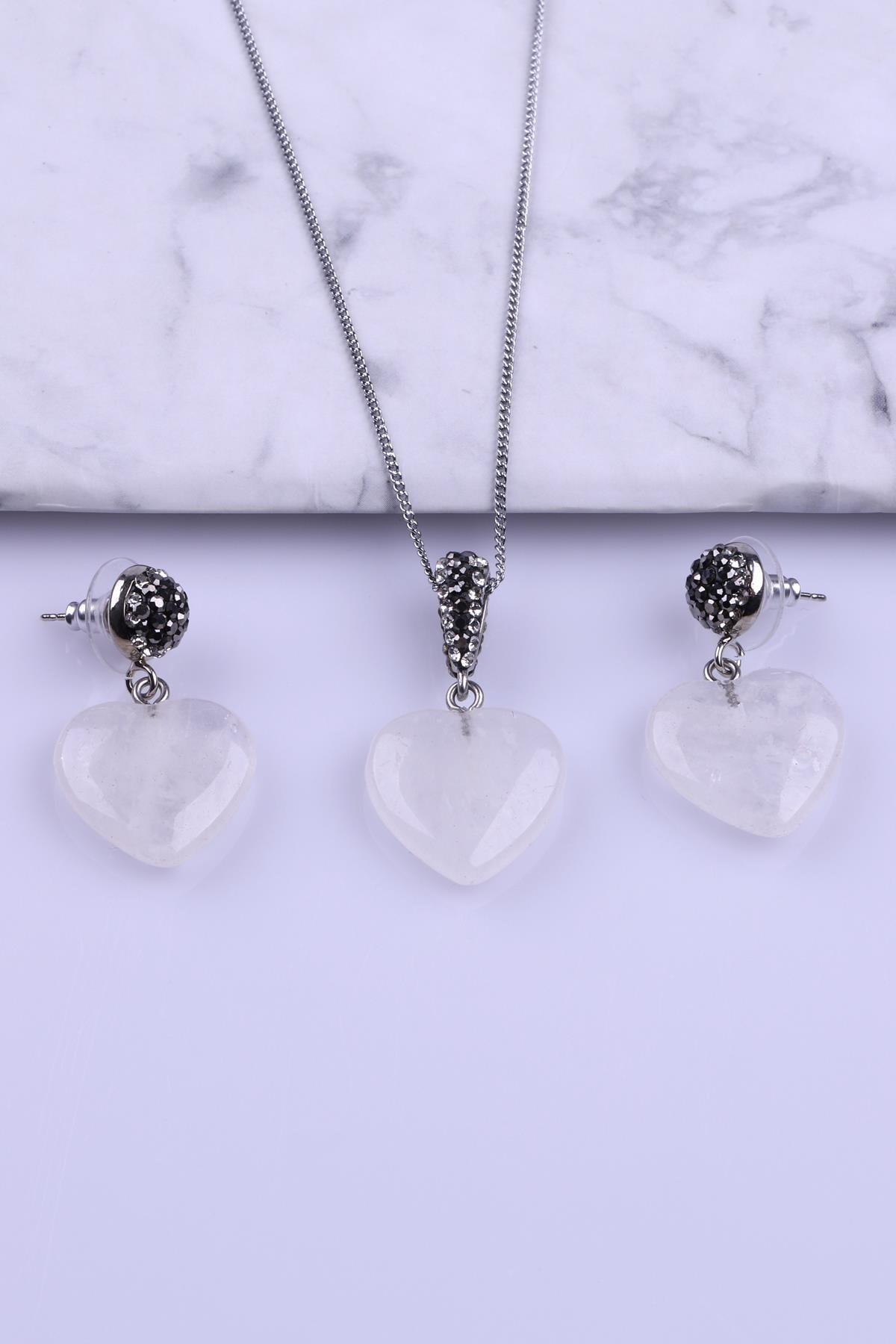Kristal Kuvars Doğal Taş Kolye - Küpe 2'li Set