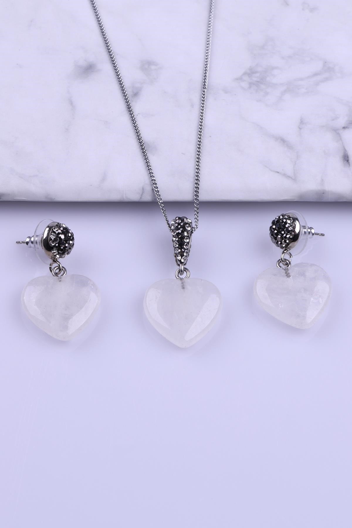 Kristal Kuvars Doğal Taş Kolye - Küpe 2'li Set