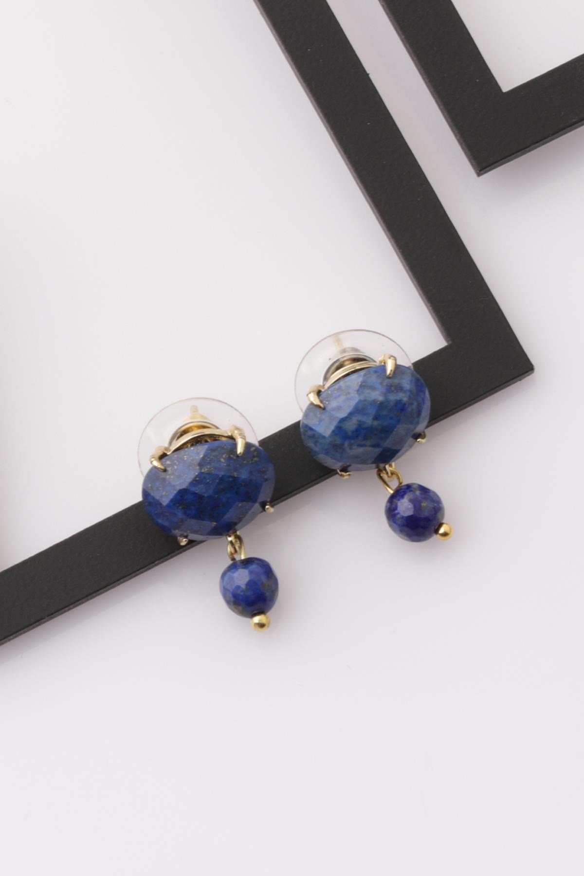 Lapis Lazuli Doğal Taş Gold Renkli Küpe