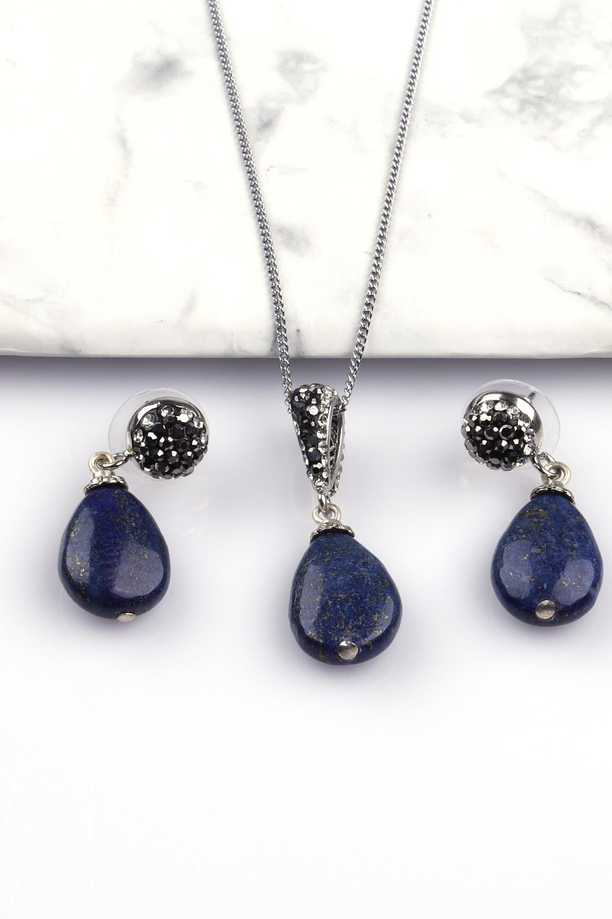Lapis Lazuli Doğal Taş Kolye - Küpe 2'li Set