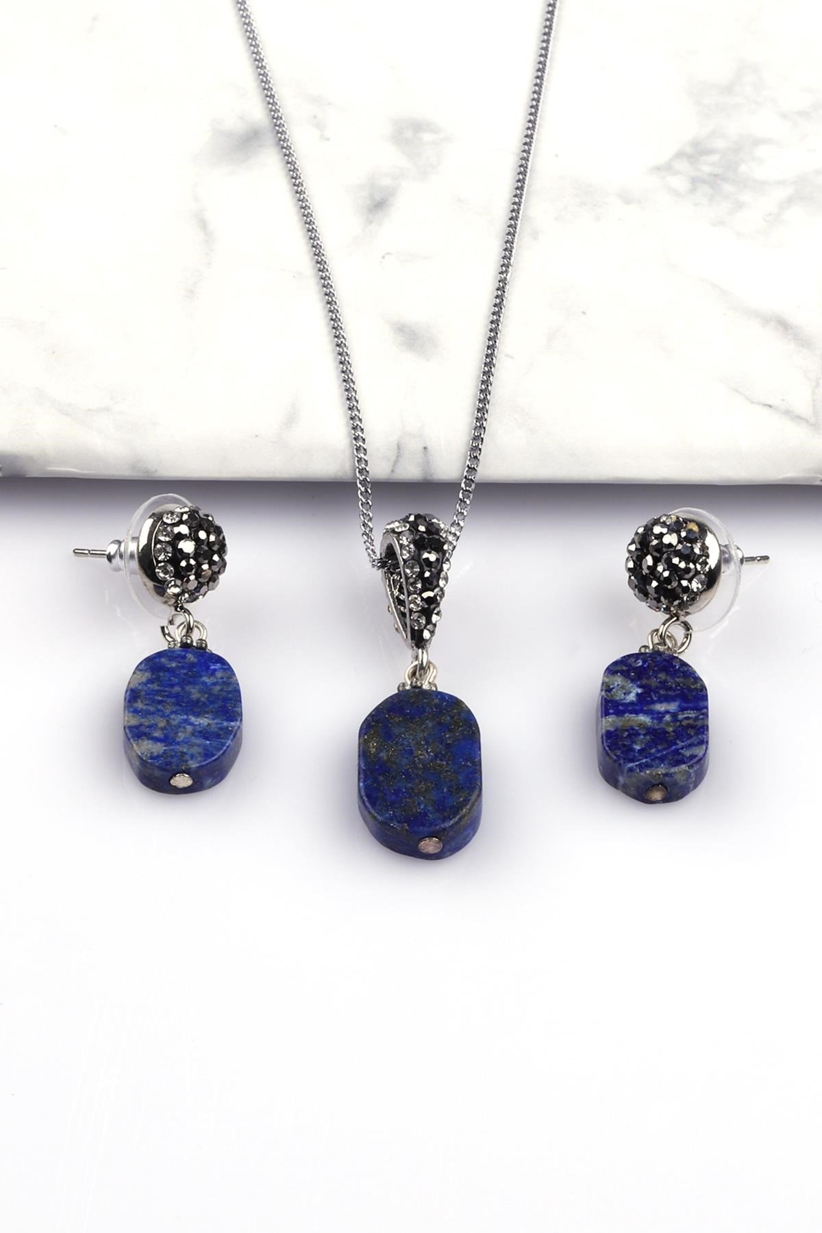 Lapis Lazuli Doğal Taş Kolye - Küpe 2'li Set