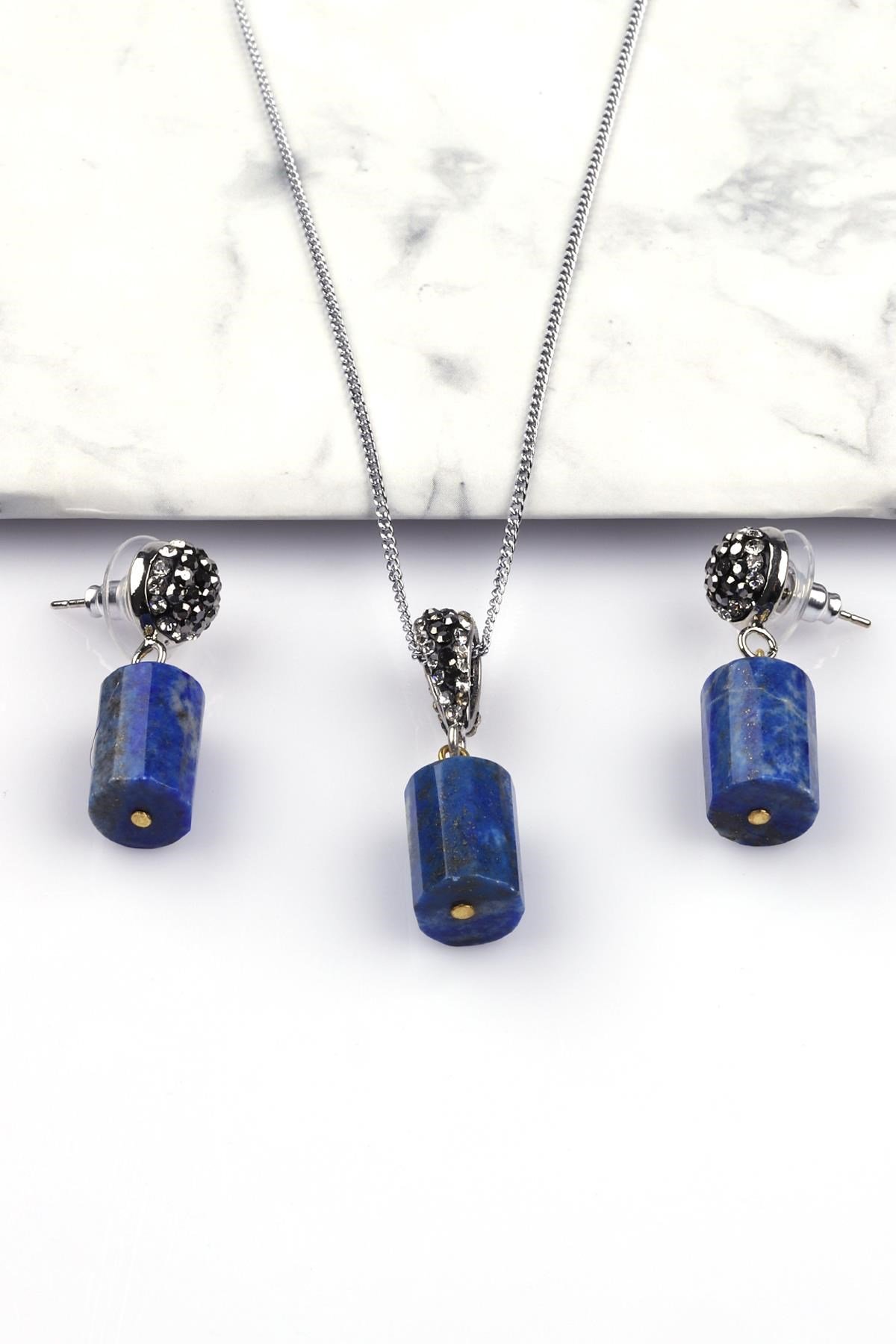 Lapis Lazuli Doğal Taş Silindir Kesim Kolye - Küpe 2'li Set