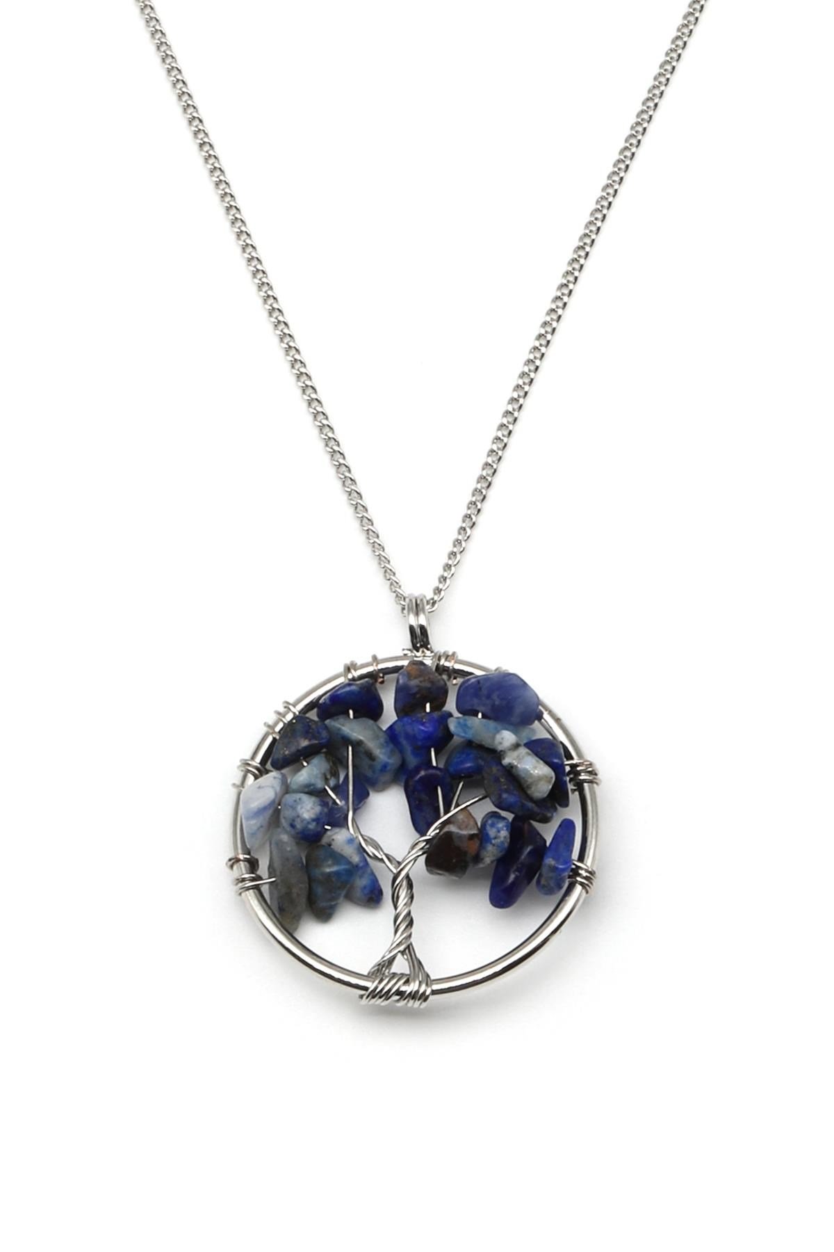 Lapis Lazuli Doğal Taş Tel Sarmalı Hayat Ağacı Kolye