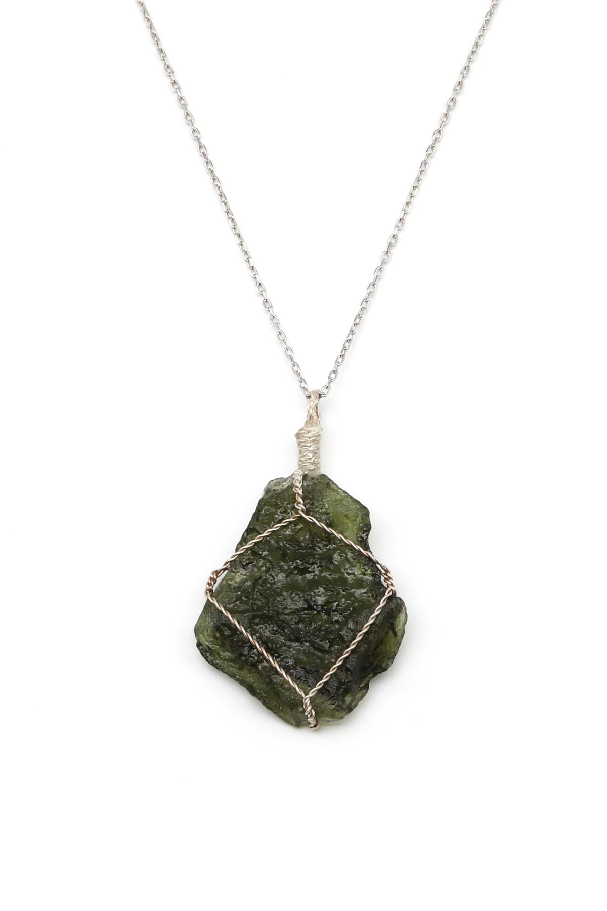 Moldavit Doğal Taş 925 Ayar Gümüş Kolye