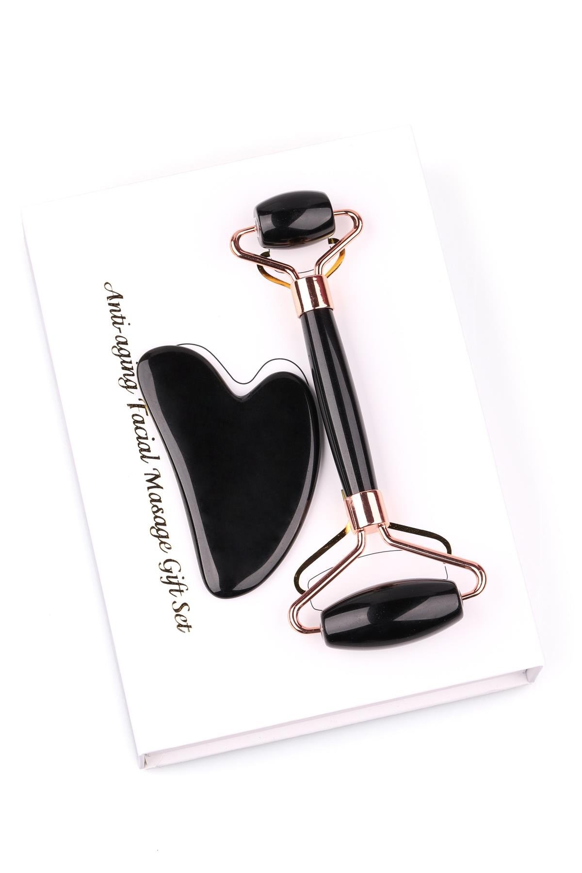 Obsidyen Doğal Taş 2'li Özel Kutulu Set Face Roller + Gua Sha Masaj Taşı