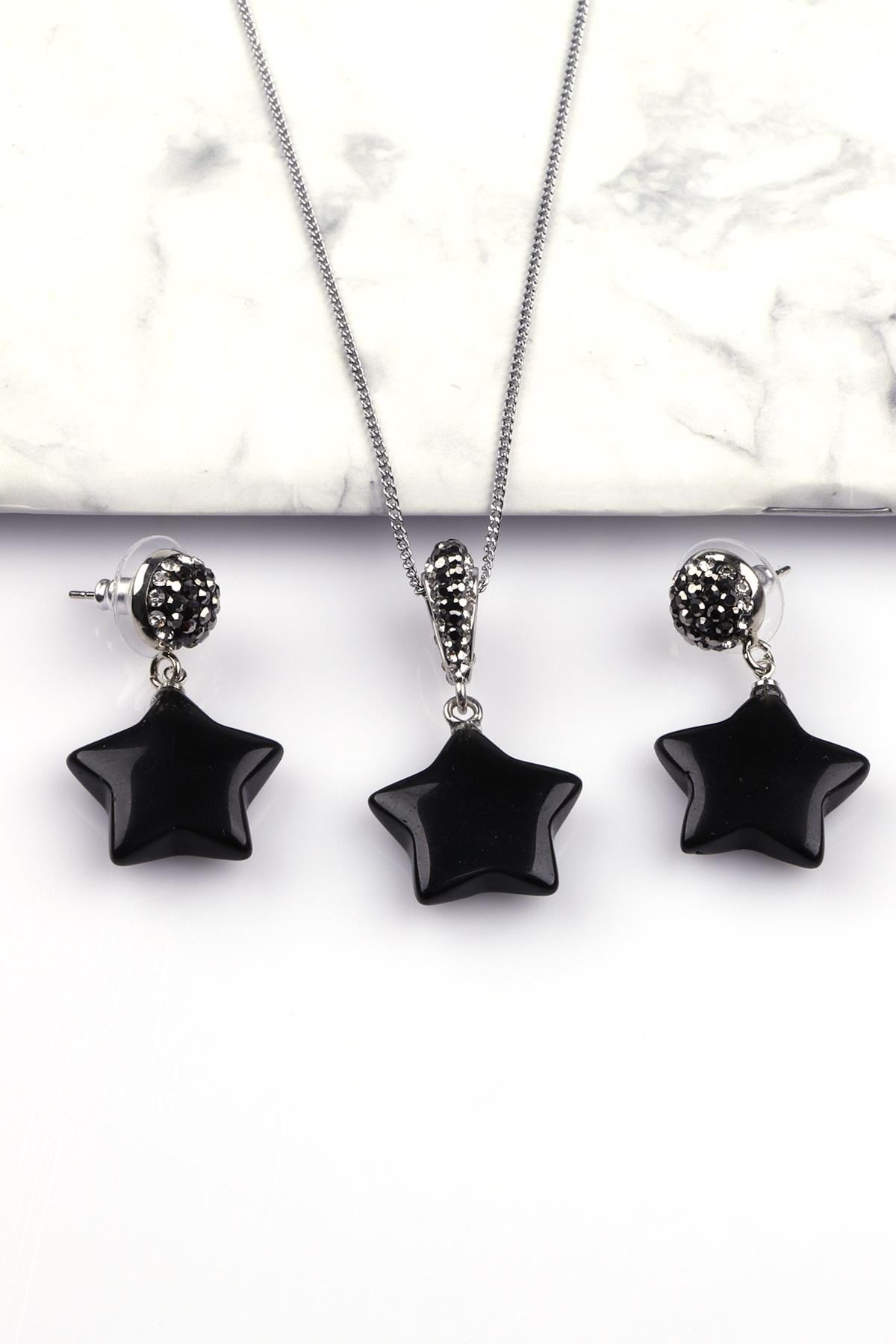 Obsidyen Doğal Taş Kolye - Küpe 2'li Set
