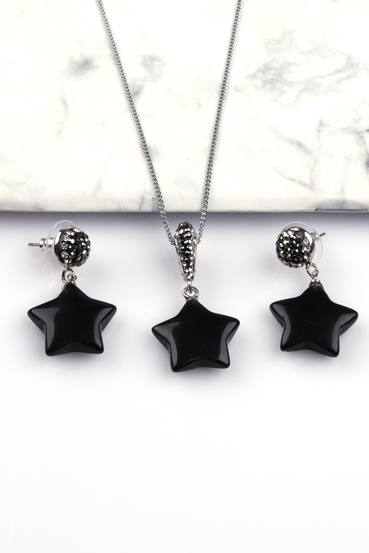 Obsidyen Doğal Taş Kolye - Küpe 2'li Set