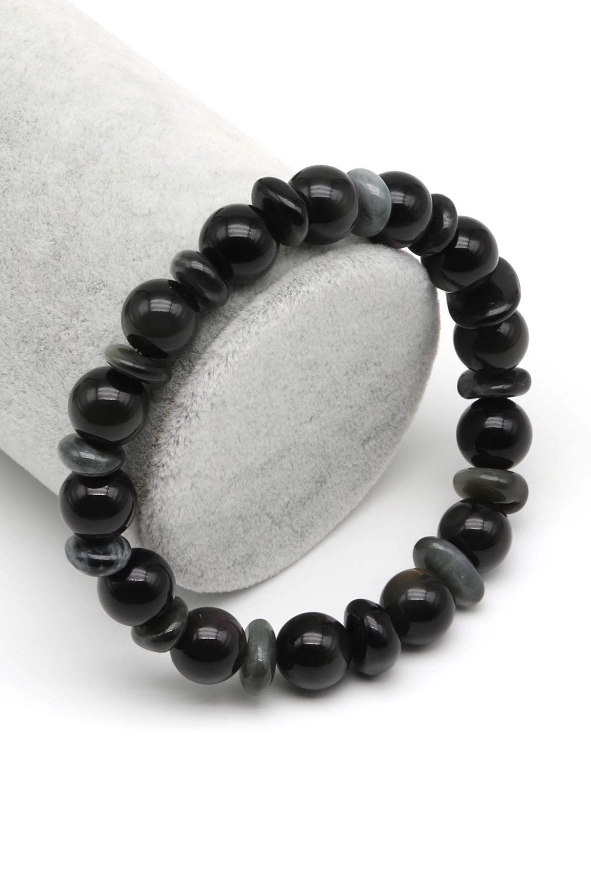 Obsidyen-Kedi Gözü Doğal Taş Tasarım Bileklik 10 mm Küre Kesim