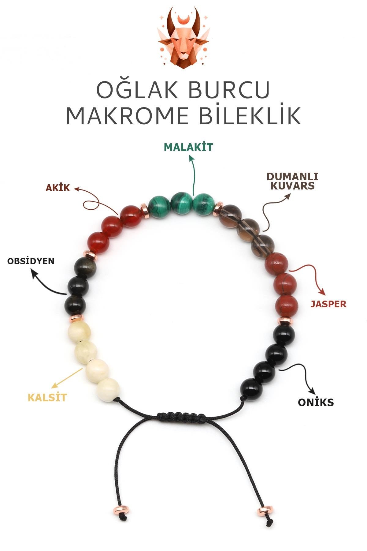 Oğlak Burcu Taşlarından Oluşan Doğal Taş Makrome Bileklik 6 mm Küre Kesim - Burç Bilekliği