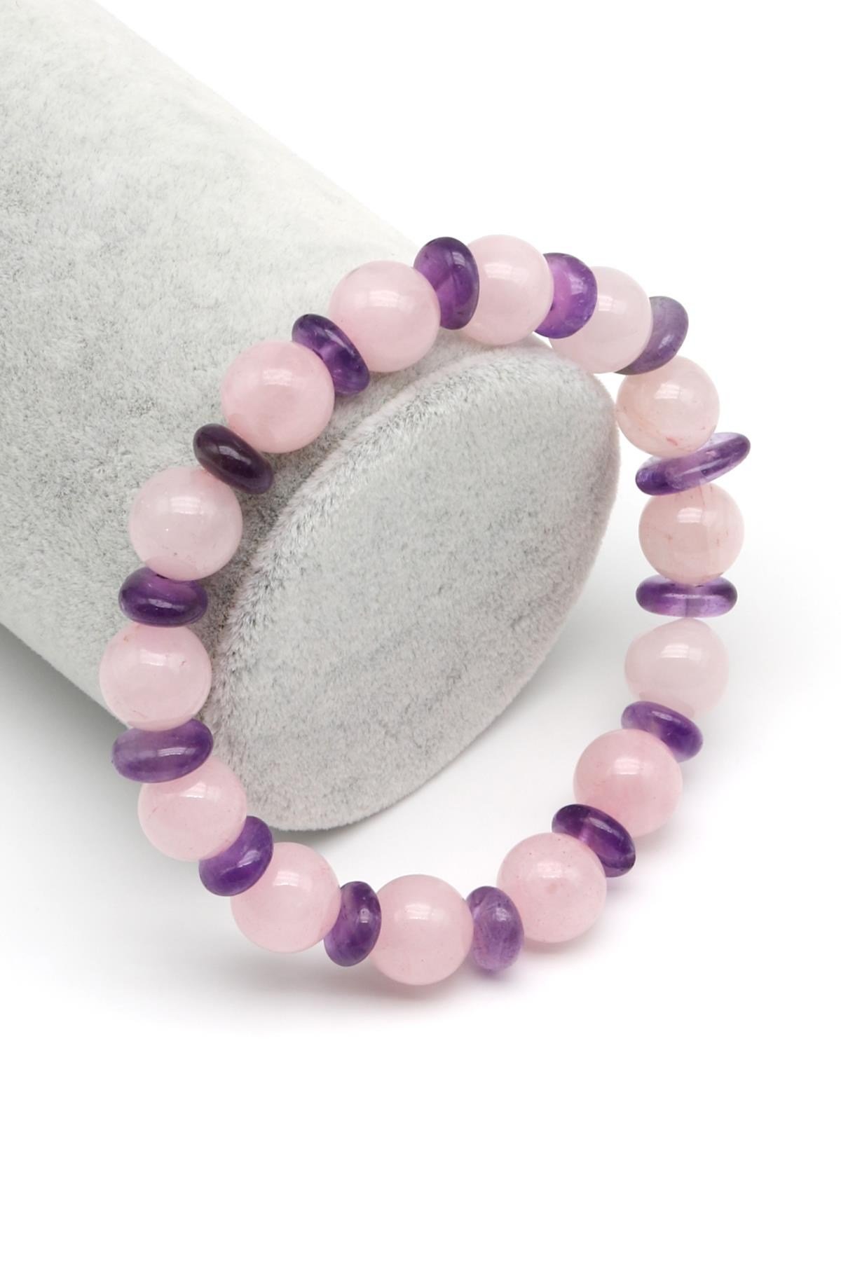 Pembe Kuvars-Ametist Doğal Taş Tasarım Bileklik 10 mm Küre Kesim