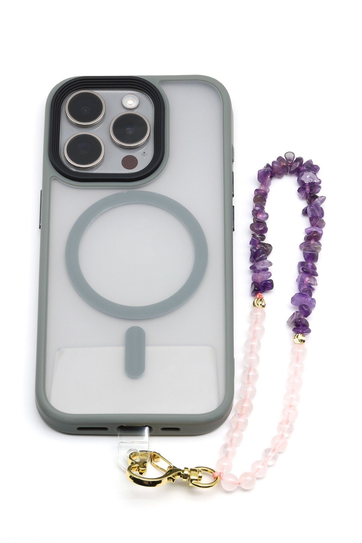 Pembe Kuvars-Ametist Doğal Taş Telefon Askısı - ANH-0131