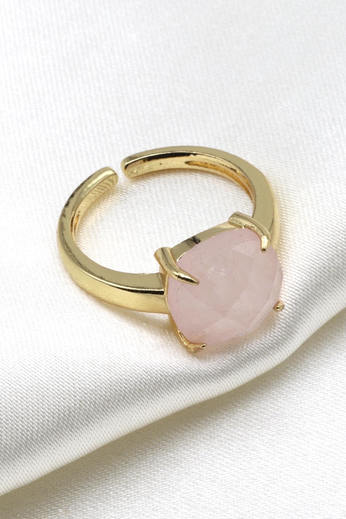 Pembe Kuvars Doğal Taş Ayarlanabilir Gold Renk Yüzük