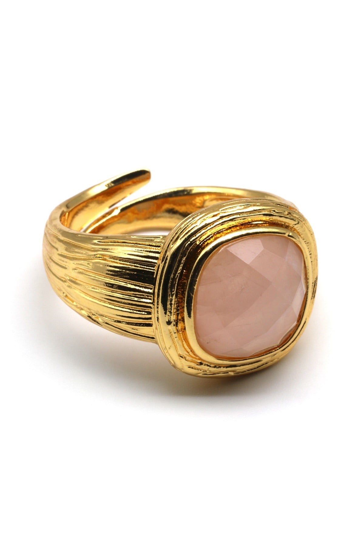 Pembe Kuvars Doğal Taş Ayarlanabilir Gold Renkli Yüzük - YZK-0168
