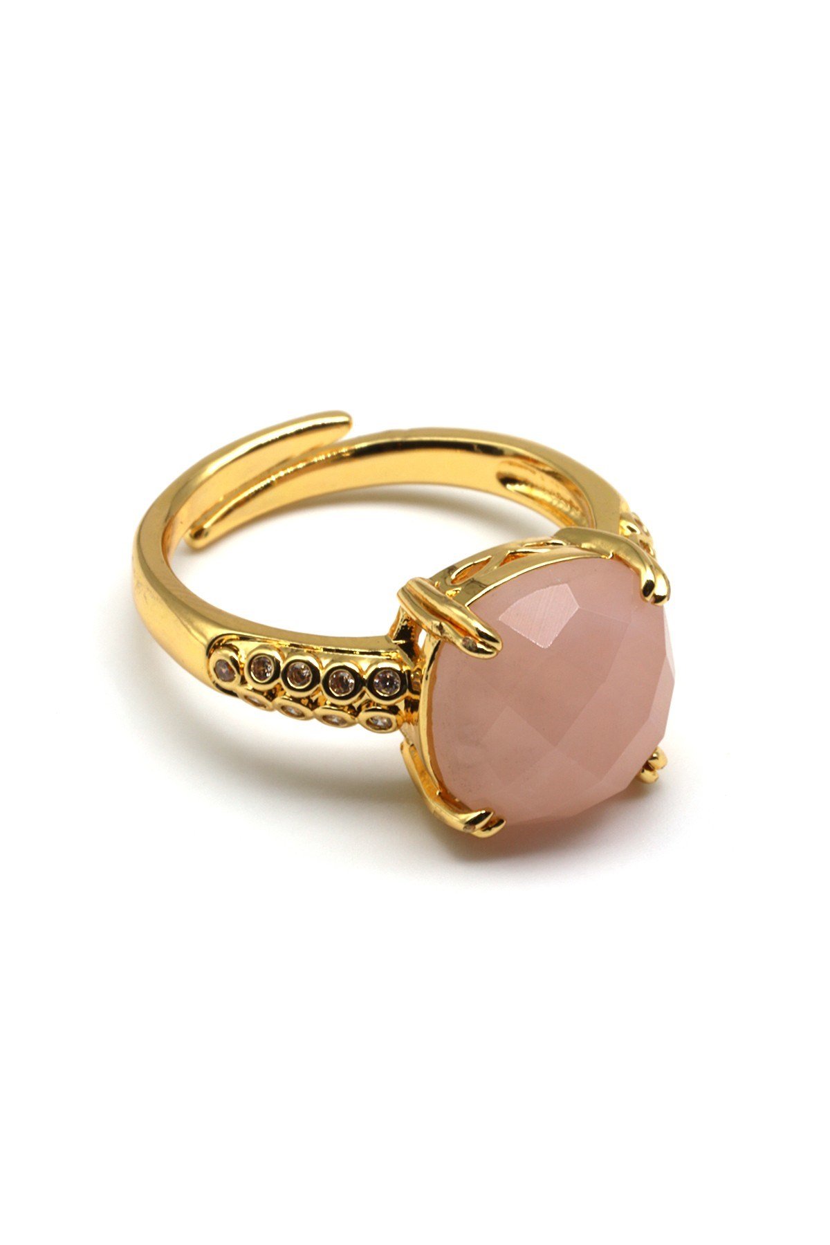 Pembe Kuvars Doğal Taş Ayarlanabilir Gold Renkli Yüzük - YZK-0192
