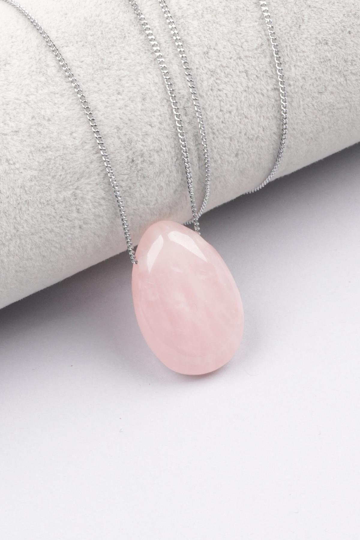 Pembe Kuvars Doğal Taş Damla Model Kolye